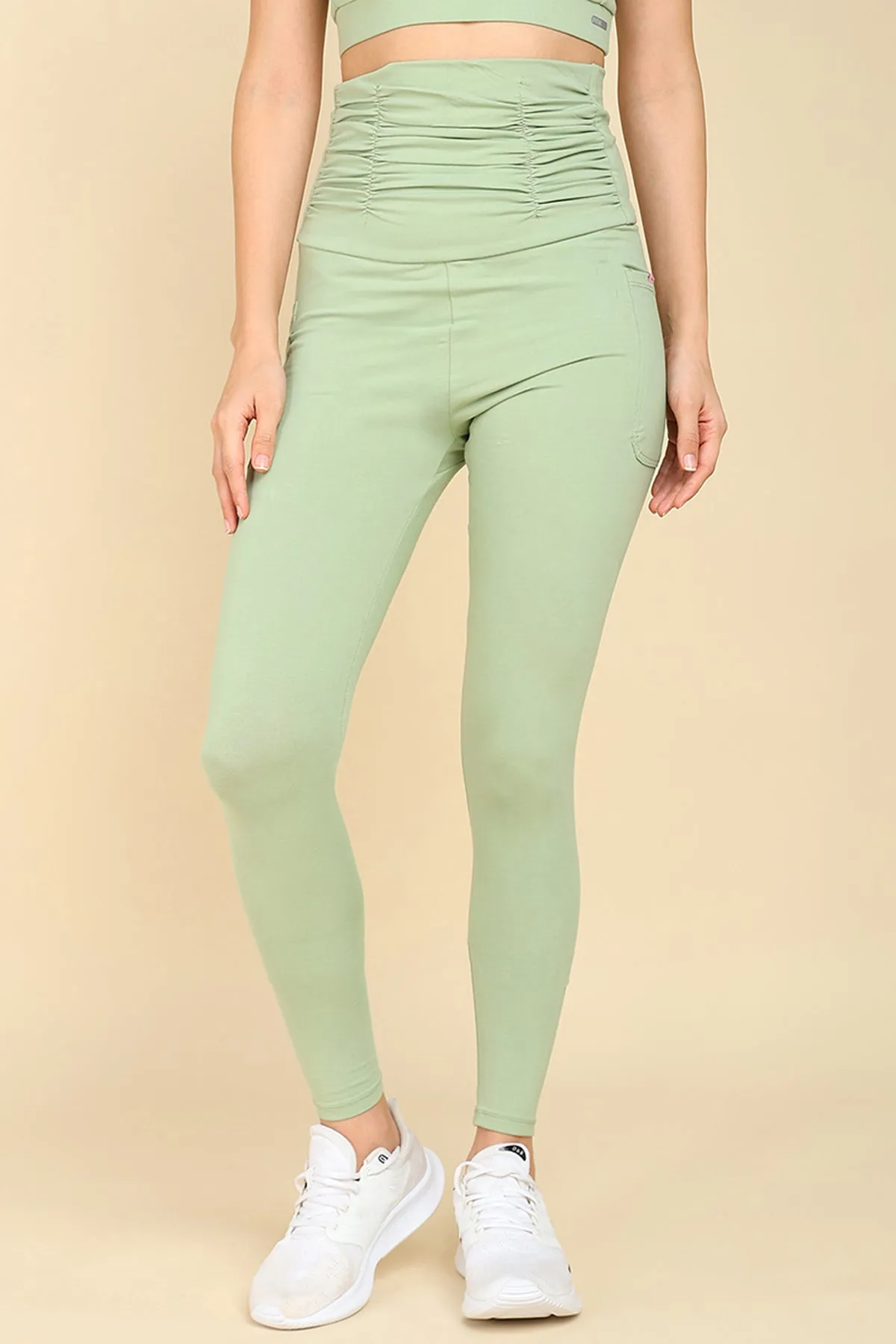 Ruched Cotton Pistachio Green Maternity Legging (Pregnancy & Postpartum)