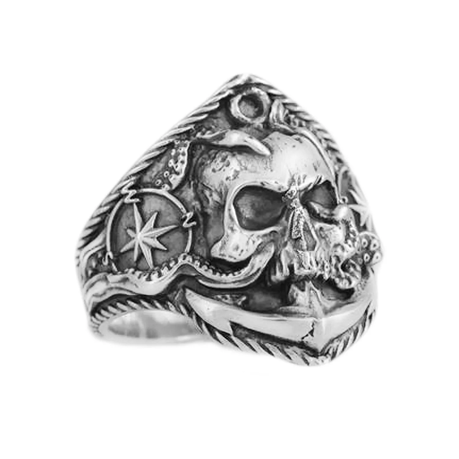 Sailor Skull Windrose and Anchor Mens Signet Sterling Silver