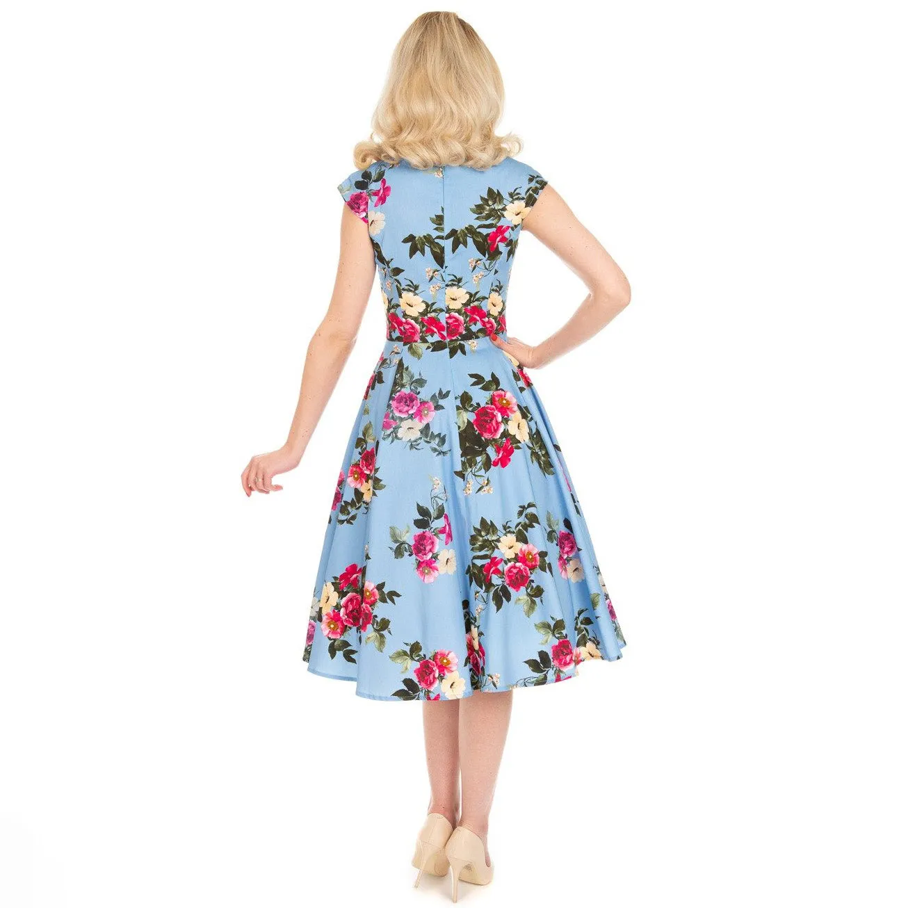 Sky Blue Floral Print Sweetheart Neckline Rockabilly 50s Swing Dress w/ Pockets