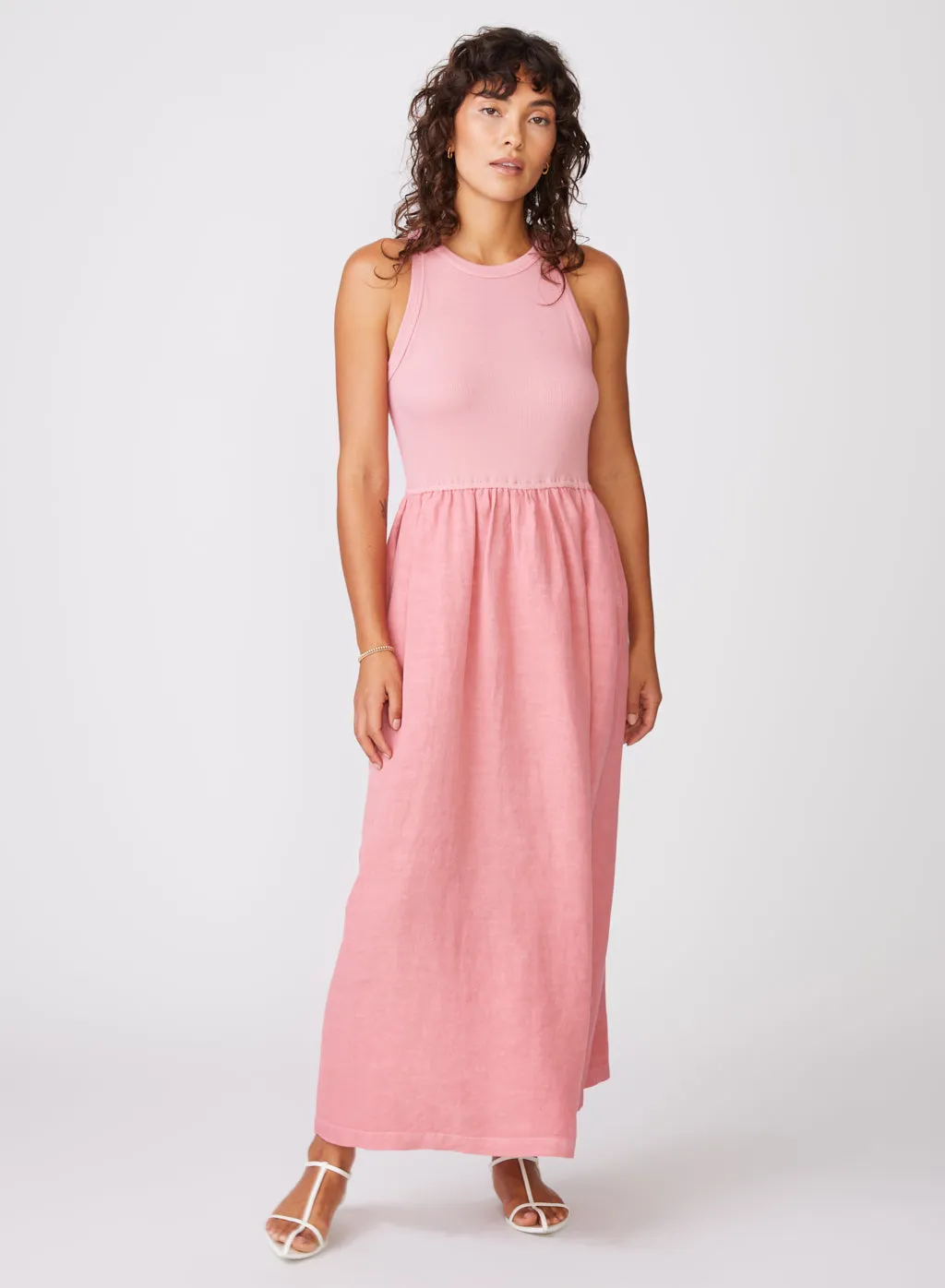 Stateside Linen Mixed Media High Neck Dress in Mauve Glow