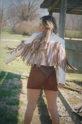 Sweet Alabama Suede Fringe Jacket - Cream/Brown