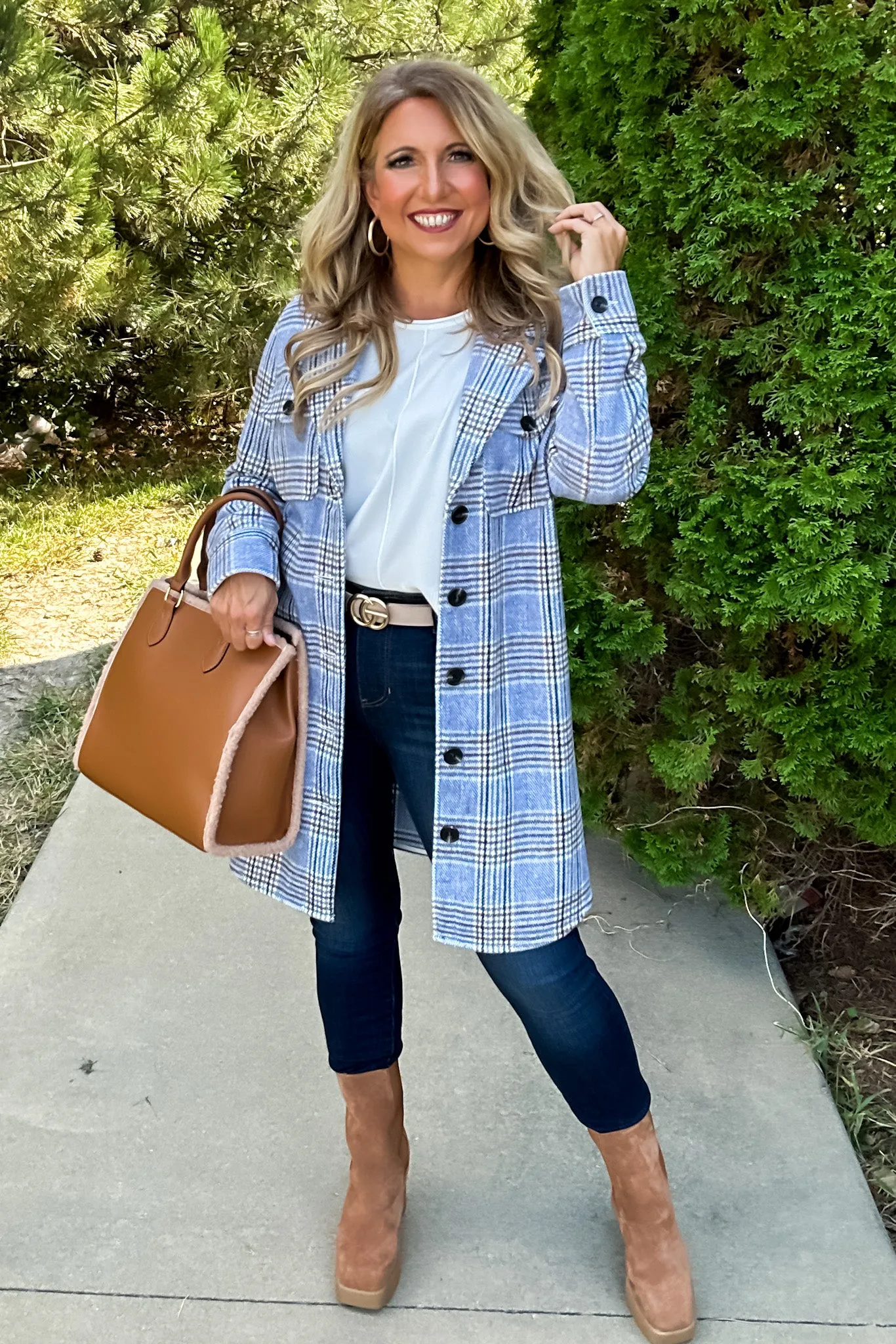 Tribal Lacey Long Plaid Jacket : Blue/Cream