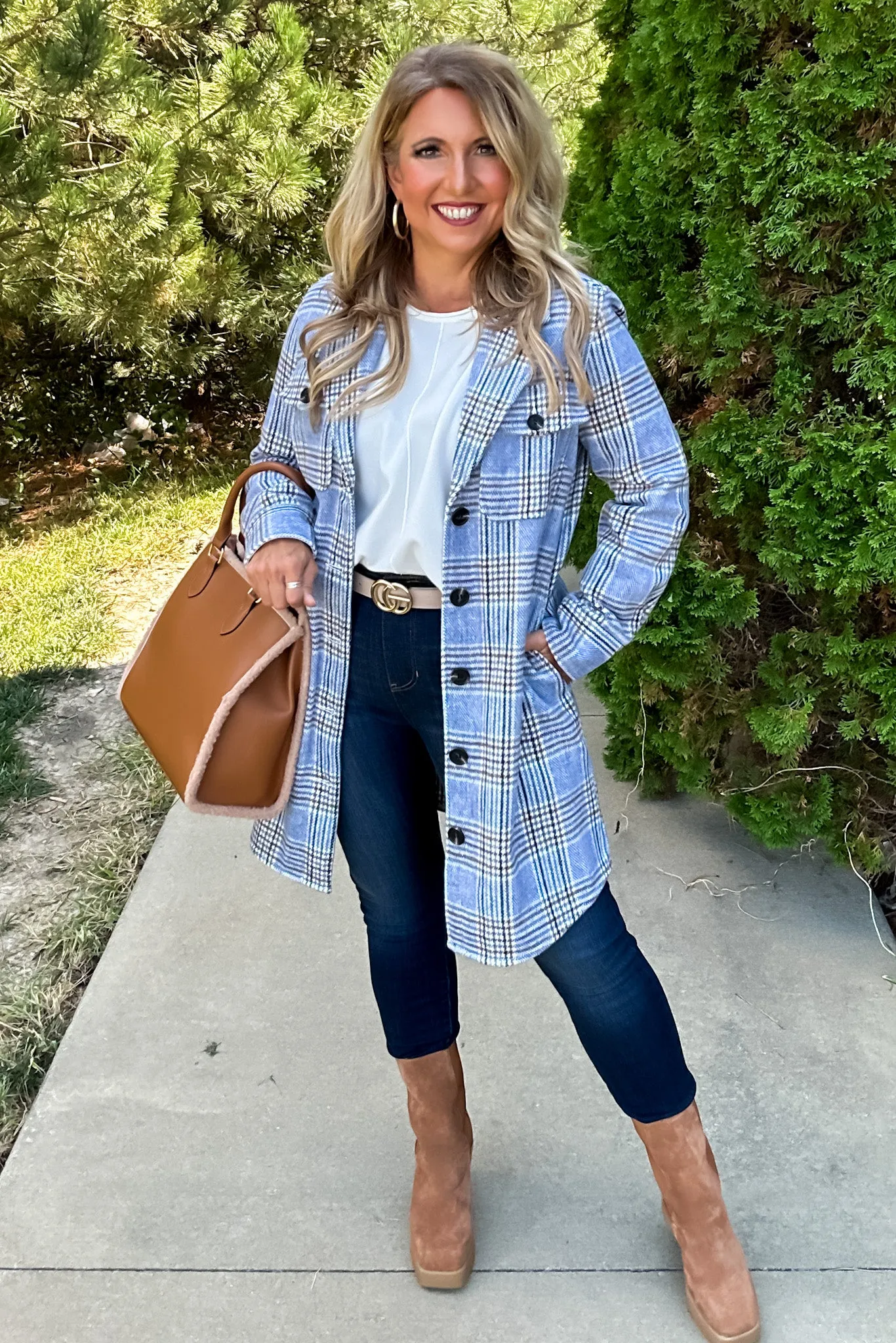 Tribal Lacey Long Plaid Jacket : Blue/Cream