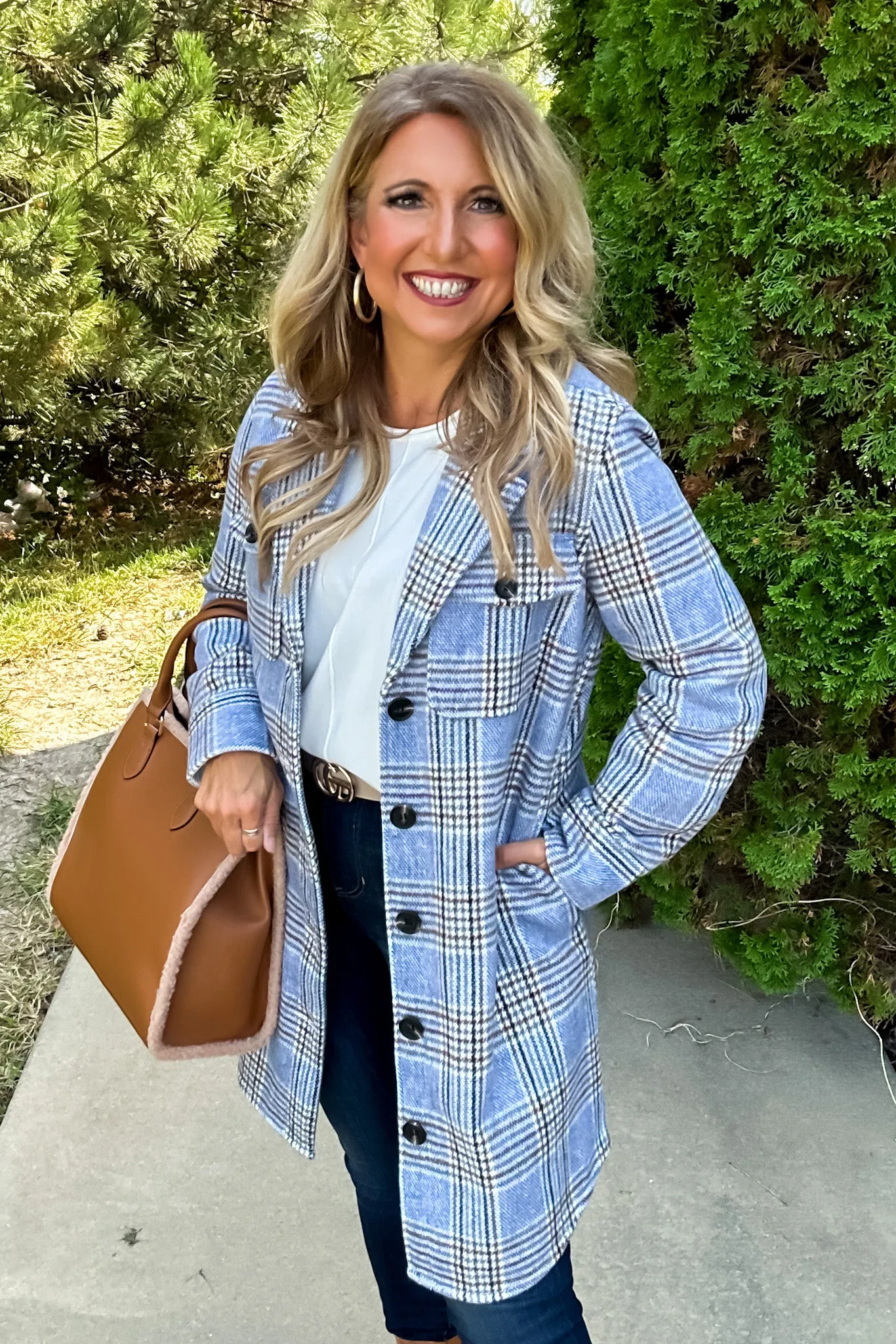 Tribal Lacey Long Plaid Jacket : Blue/Cream