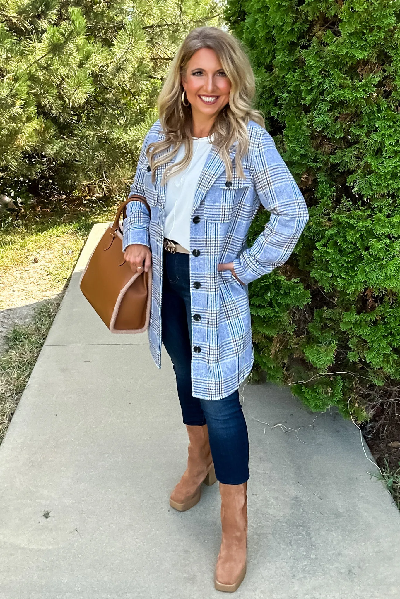 Tribal Lacey Long Plaid Jacket : Blue/Cream