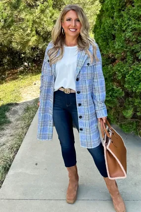 Tribal Lacey Long Plaid Jacket : Blue/Cream