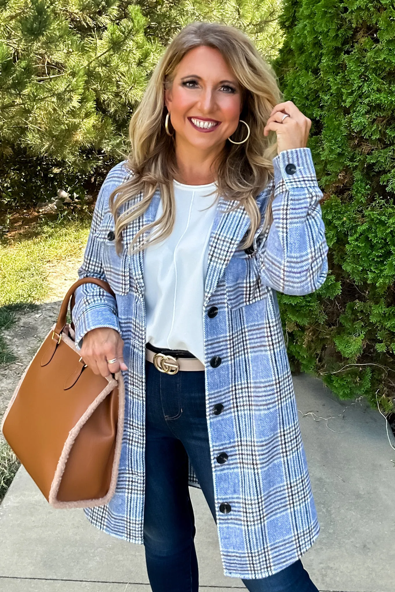 Tribal Lacey Long Plaid Jacket : Blue/Cream