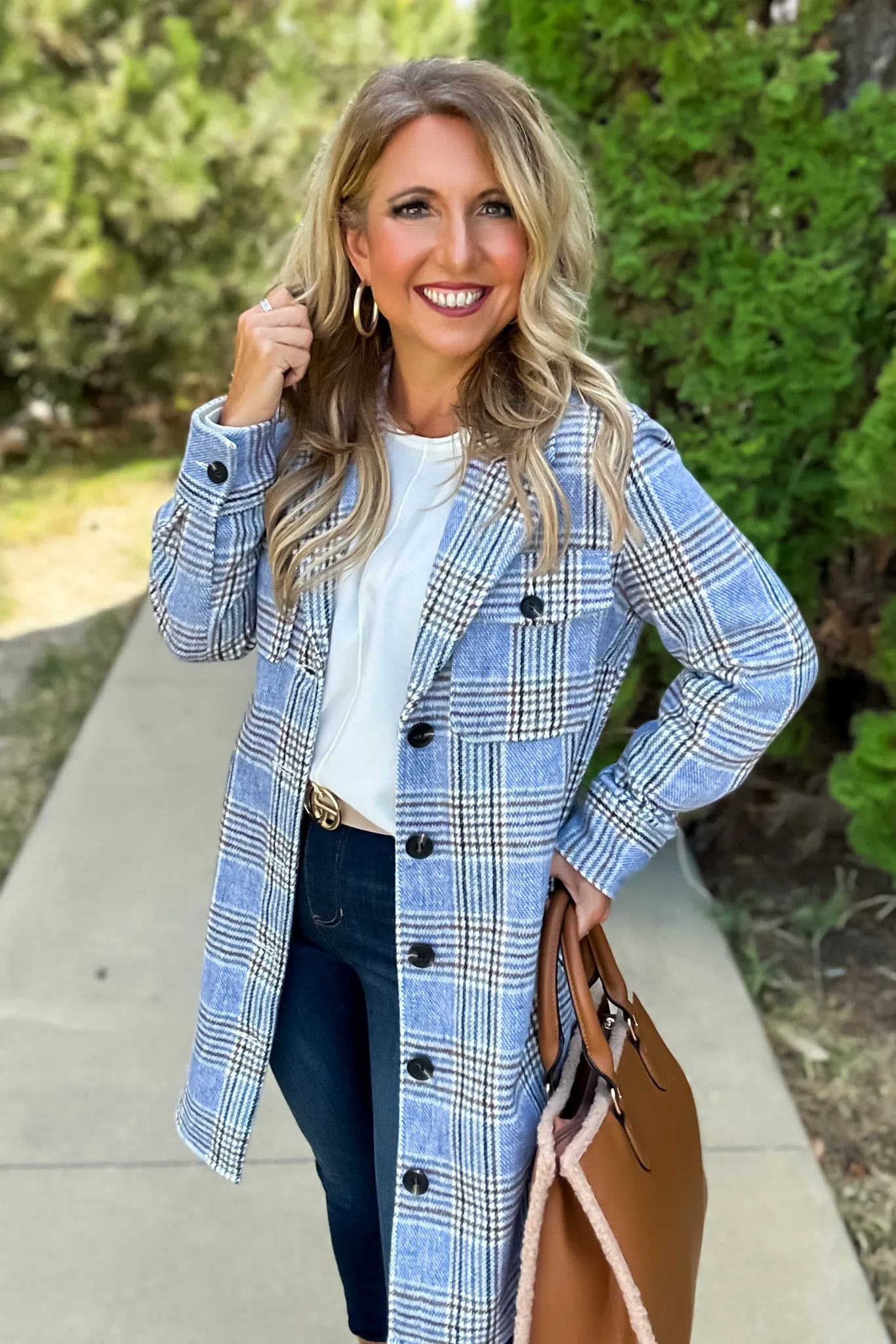 Tribal Lacey Long Plaid Jacket : Blue/Cream