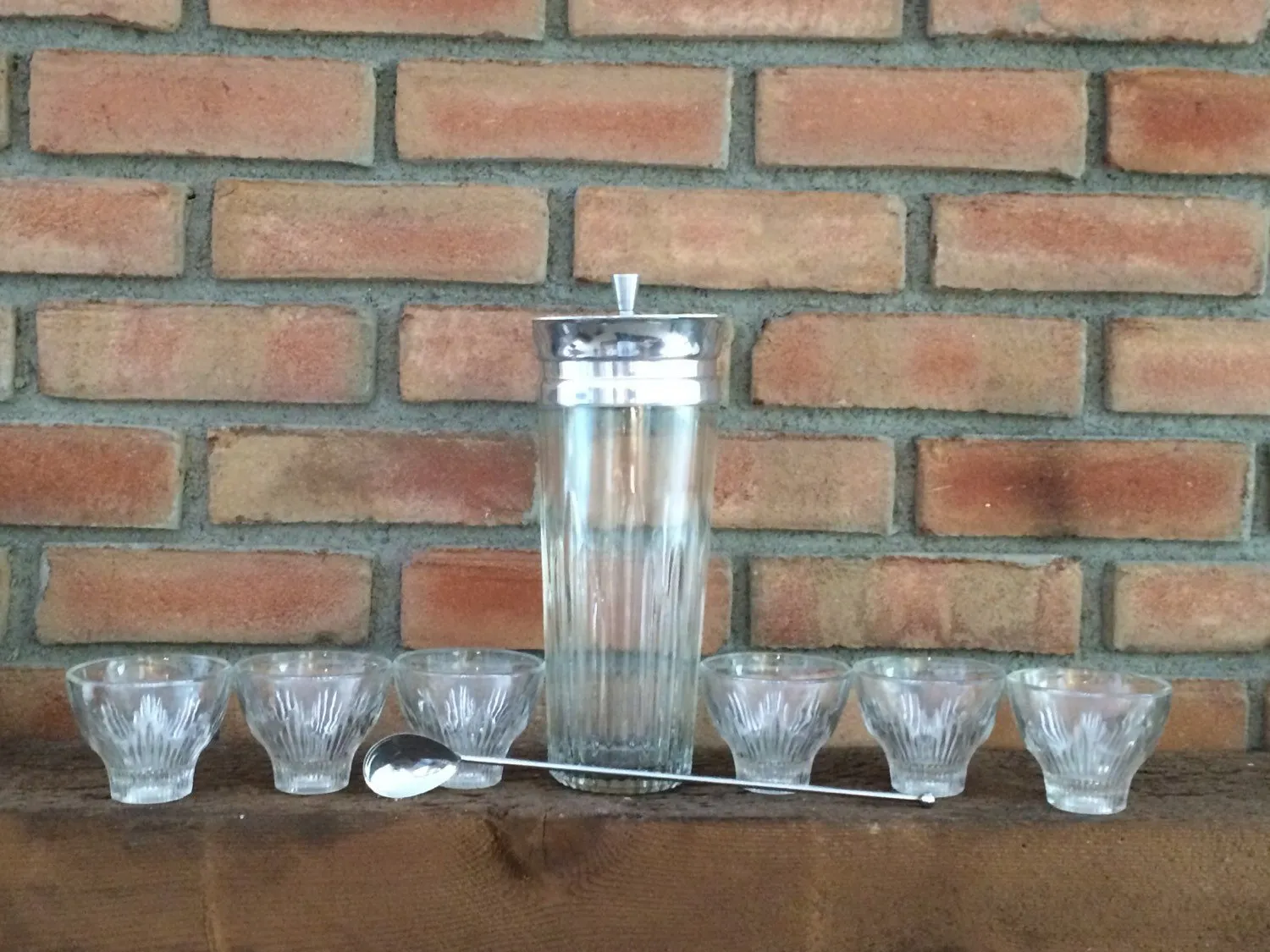 Vintage Art Deco Bar Set with Cocktail Shaker and 6 Rocks Glasses by Indiana Glass. Bareware