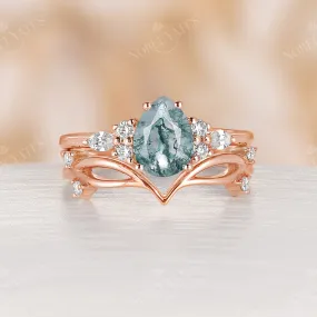 Vintage Pear Shape Moss Agate Rose Gold Cluster Engagement Ring Set