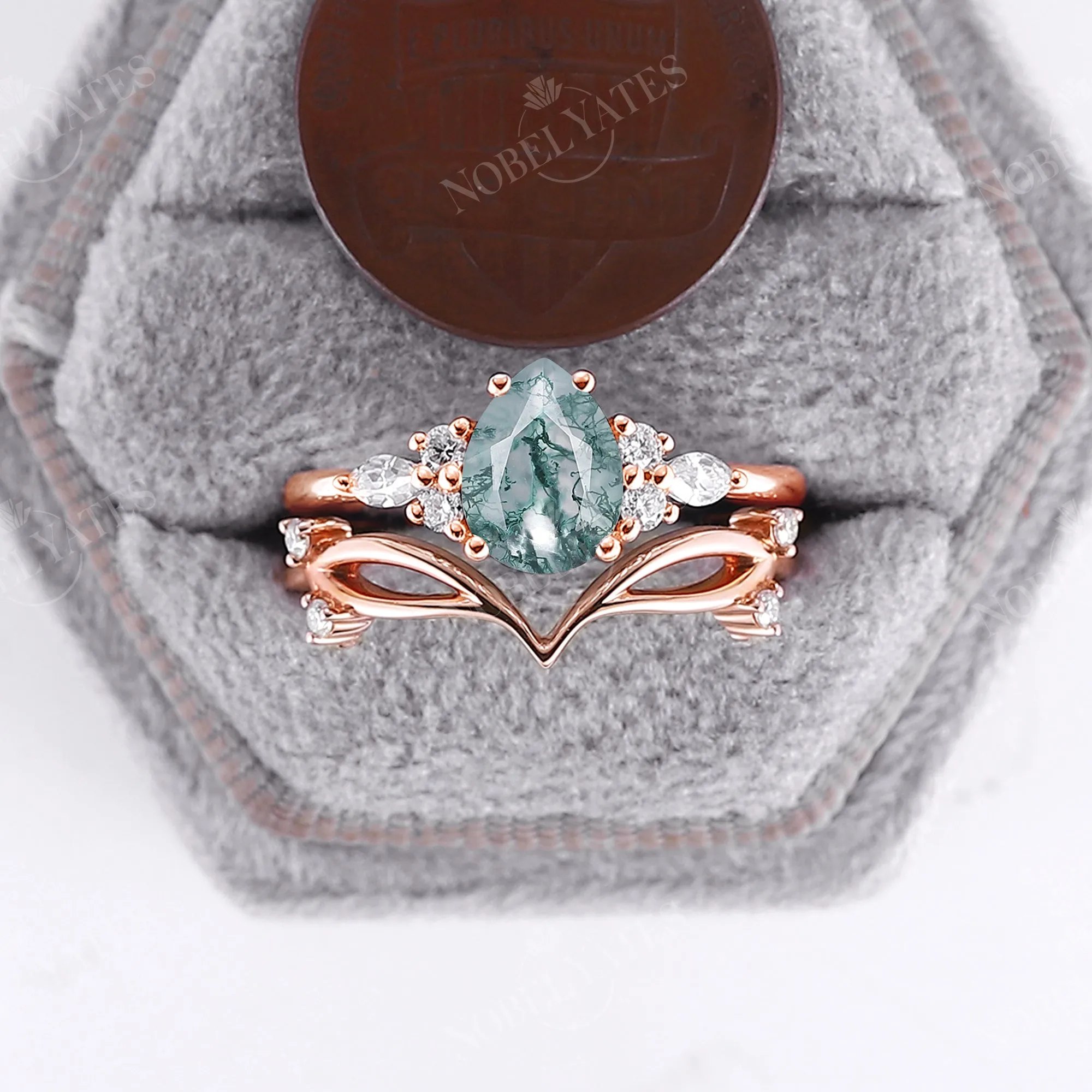 Vintage Pear Shape Moss Agate Rose Gold Cluster Engagement Ring Set